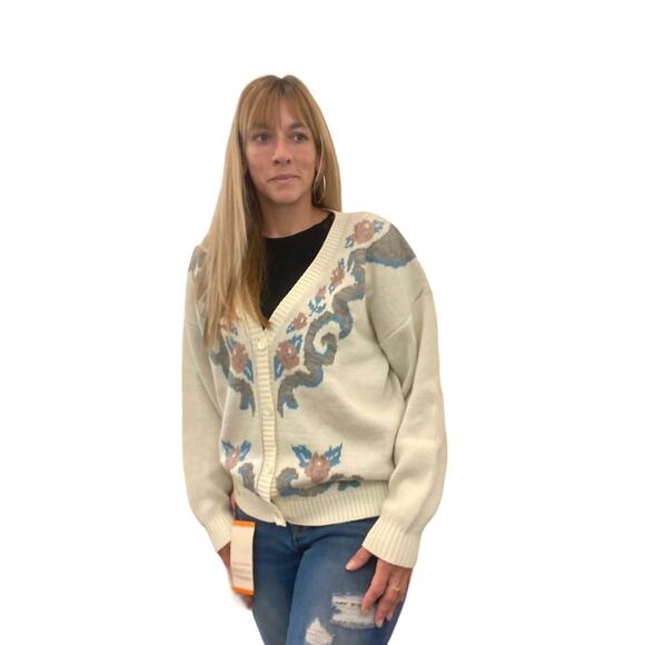 NOS 90's Vintage Oversized Cardigan Sweater with Roses size Large - Picture 1 of 5